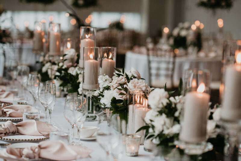 Wedding table decorations and candles.